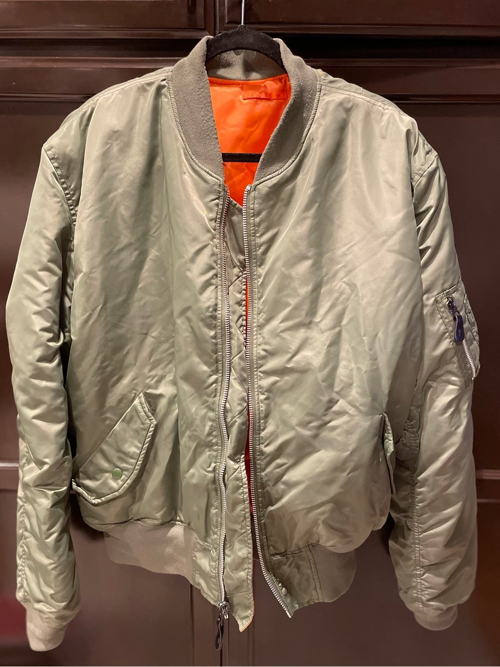 Reversible Olive Green Bomber Jacket with Orange Lining